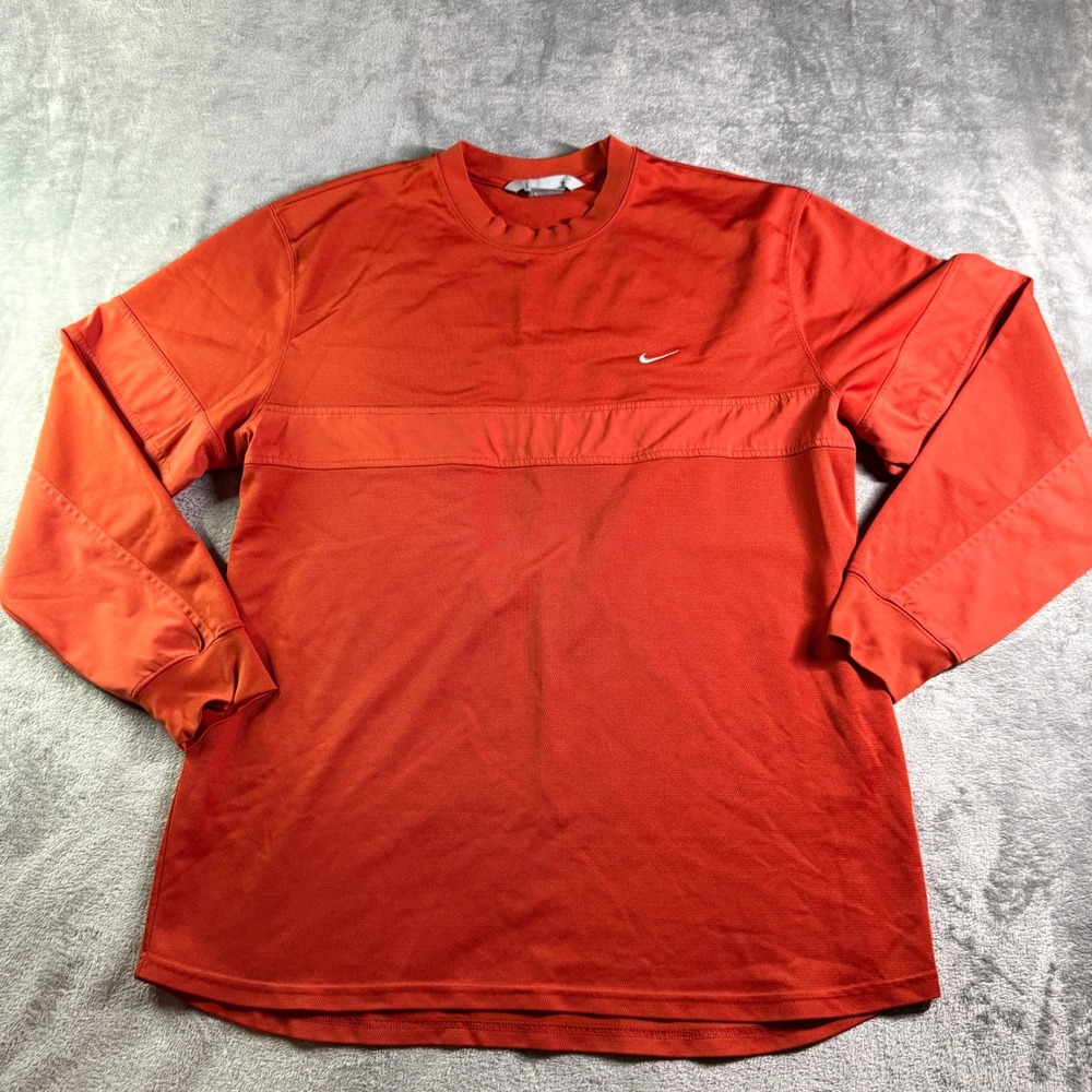 VTG Nike Long Sleeve Mesh Training Shirt Mens XL Orange Crew Neck Swoosh Logo